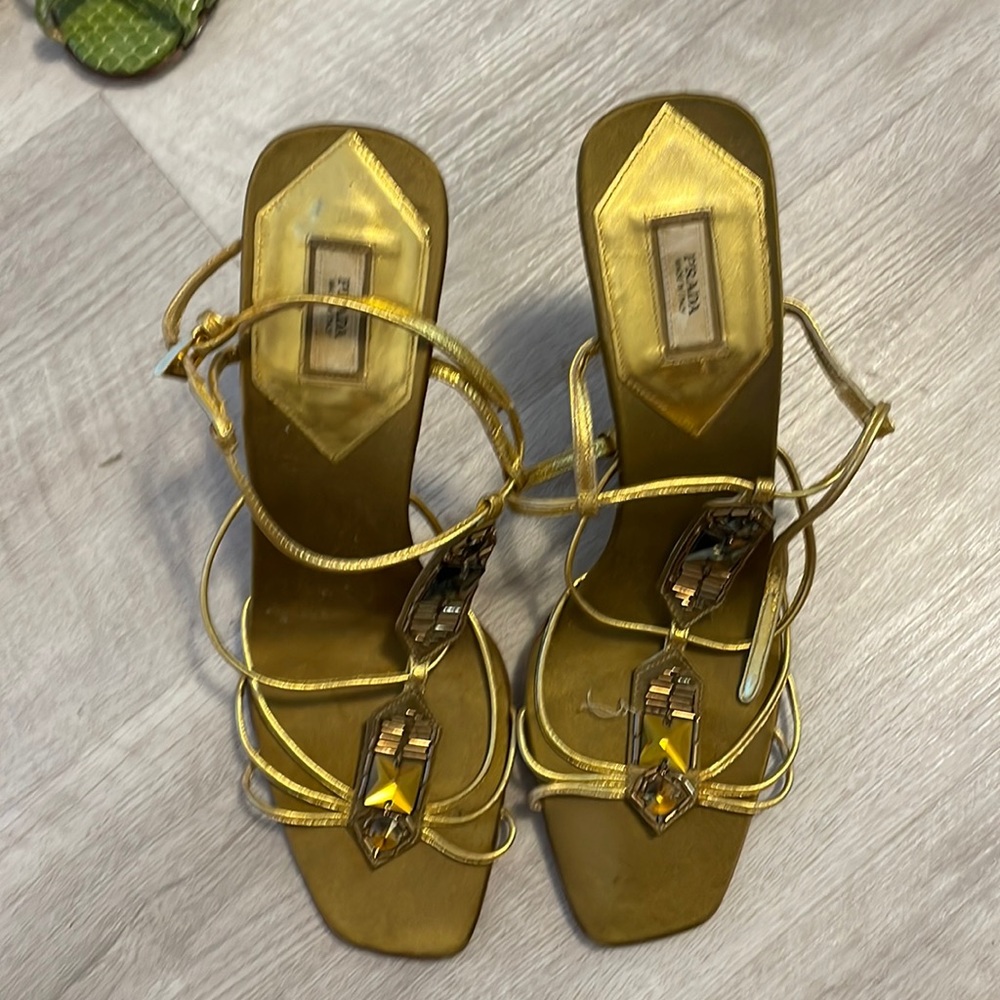 Prada Gold/Green Bejeweled Heels